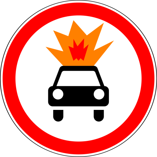 Дорожный знак: 3.33 Движение транспортных средств с взрывчатыми и легковоспламеняющимися грузами запрещено