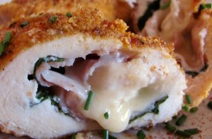 Кулинарный рецепт: Куриные шницели с начинкой: Куриные грудки с начинкой из ветчины и сыра, обжаренные в сухарях до золотистой корочки